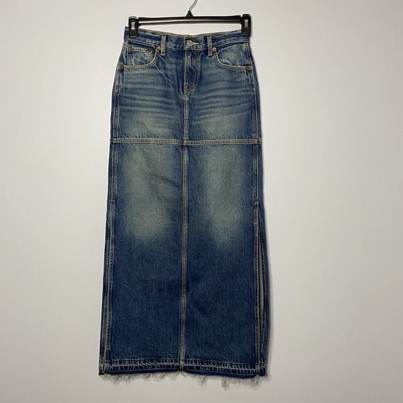Re/Done Dresses & Skirts - RE/DONE Mid Rise Split Jean Maxi Skirt Women's 23 Herbal Tint‎ Frayed Hem
